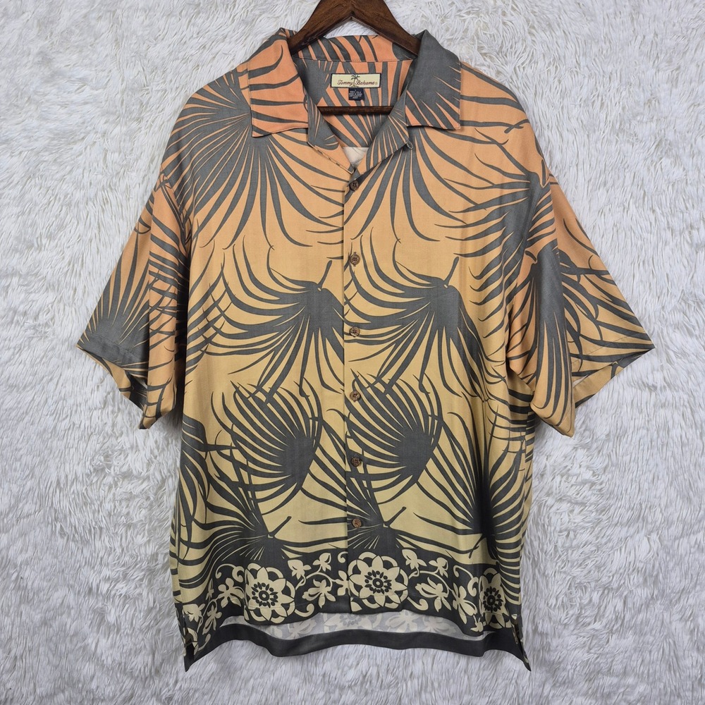 Tommy Bahama Mens Large Silk Camp Shirt Orange Grey Palm Floral Herringbone L
